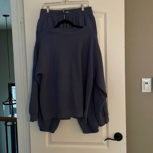 Blue matching sweatsuit.